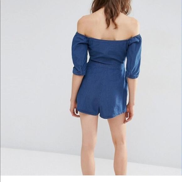 ASOS Denim Off Shoulder Tie Front Romper - Picture 12 of 14
